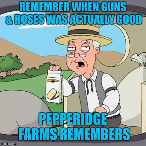 Pepperidge Farm Remembers Meme | REMEMBER WHEN GUNS & ROSES WAS ACTUALLY GOOD; PEPPERIDGE FARMS REMEMBERS | image tagged in memes,pepperidge farm remembers | made w/ Imgflip meme maker