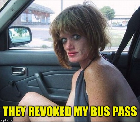 crack whore hooker | THEY REVOKED MY BUS PASS | image tagged in crack whore hooker | made w/ Imgflip meme maker