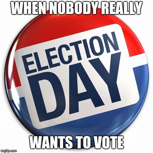 election day pin | WHEN NOBODY REALLY; WANTS TO VOTE | image tagged in election day pin | made w/ Imgflip meme maker