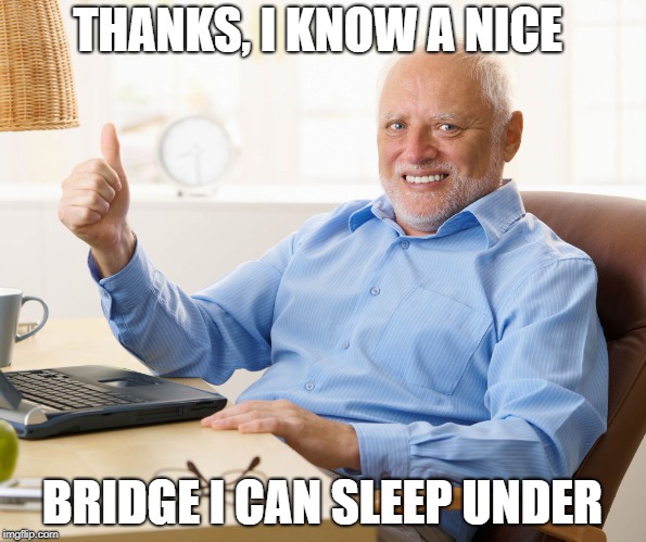 Hide the pain harold | THANKS, I KNOW A NICE BRIDGE I CAN SLEEP UNDER | image tagged in hide the pain harold | made w/ Imgflip meme maker