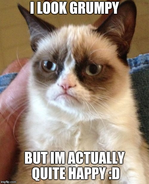 Grumpy Cat Meme | I LOOK GRUMPY; BUT IM ACTUALLY QUITE HAPPY :D | image tagged in memes,grumpy cat | made w/ Imgflip meme maker