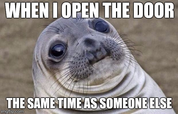 Awkward Moment Sealion | WHEN I OPEN THE DOOR; THE SAME TIME AS SOMEONE ELSE | image tagged in memes,awkward moment sealion | made w/ Imgflip meme maker