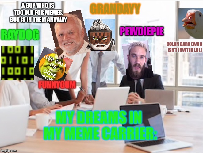 A GUY WHO IS TOO OLD FOR MEMES, BUT IS IN THEM ANYWAY; GRANDAYY; PEWDIEPIE; RAYDOG; DOLAN DARK (WHO ISN’T INVITED LOL); FUNNYGUM; MY DREAMS IN MY MEME CARRIER: | image tagged in memes,dream | made w/ Imgflip meme maker