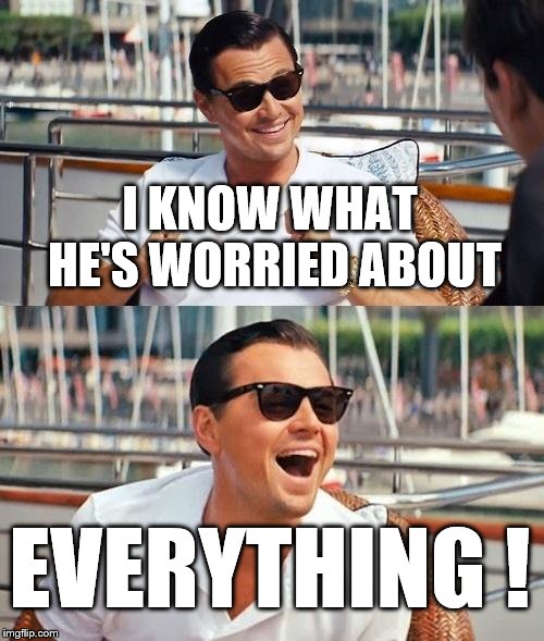 Leonardo Dicaprio Wolf Of Wall Street Meme | I KNOW WHAT HE'S WORRIED ABOUT EVERYTHING ! | image tagged in memes,leonardo dicaprio wolf of wall street | made w/ Imgflip meme maker