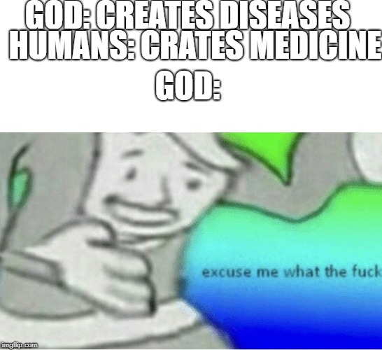 Excuse me wtf blank template | GOD: CREATES DISEASES; HUMANS: CRATES MEDICINE; GOD: | image tagged in excuse me wtf blank template | made w/ Imgflip meme maker