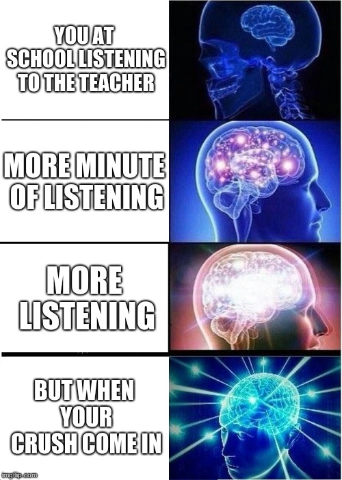 Expanding Brain | YOU AT SCHOOL LISTENING TO THE TEACHER; MORE MINUTE OF LISTENING; MORE LISTENING; BUT WHEN YOUR CRUSH COME IN | image tagged in memes,expanding brain | made w/ Imgflip meme maker