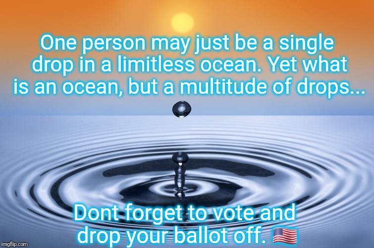 Vote | One person may just be a single drop in a limitless ocean. Yet what is an ocean, but a multitude of drops... Dont forget to vote and drop your ballot off. 🇺🇸 | image tagged in vote,election 2018,election day,voting ballot,ballot | made w/ Imgflip meme maker
