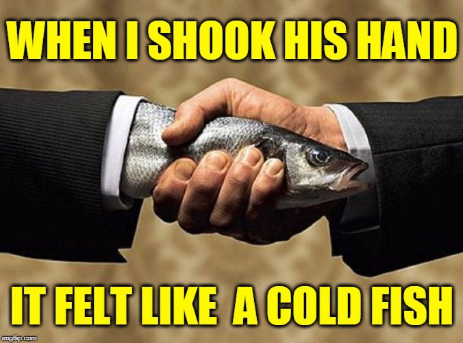 It Felt Like I was Shaking Hands with a Fish | WHEN I SHOOK HIS HAND; IT FELT LIKE  A COLD FISH | image tagged in vince vance,handshake,cold fish,fish hand,a pat on the back,shaking hands | made w/ Imgflip meme maker