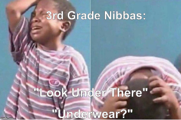 3rd grade nibbas | 3rd Grade Nibbas:; "Look Under There"; "Underwear?" | image tagged in crying kid | made w/ Imgflip meme maker