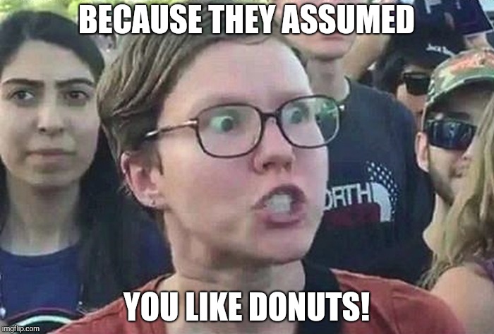 Triggered Liberal | BECAUSE THEY ASSUMED YOU LIKE DONUTS! | image tagged in triggered liberal | made w/ Imgflip meme maker