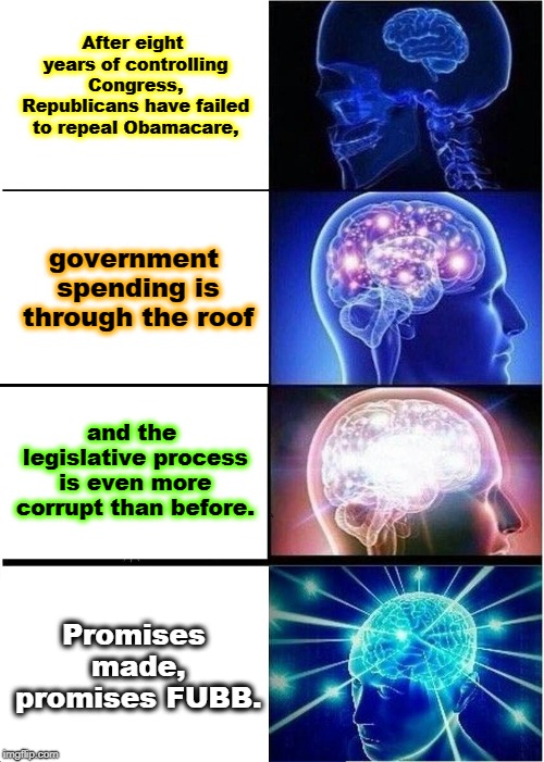 The GOP is incapable of governing. | After eight years of controlling Congress, Republicans have failed to repeal Obamacare, government spending is through the roof; and the legislative process is even more corrupt than before. Promises made, promises FUBB. | image tagged in memes,expanding brain,obamacare,government,legislature,congress | made w/ Imgflip meme maker