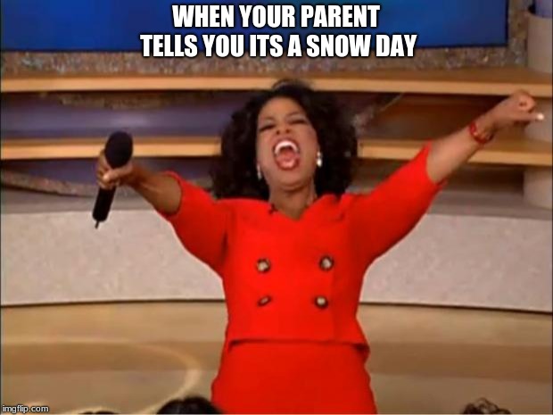Oprah You Get A | WHEN YOUR PARENT TELLS YOU ITS A SNOW DAY | image tagged in memes,oprah you get a | made w/ Imgflip meme maker