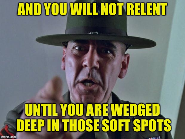 Drill Sergeant | AND YOU WILL NOT RELENT UNTIL YOU ARE WEDGED DEEP IN THOSE SOFT SPOTS | image tagged in drill sergeant | made w/ Imgflip meme maker