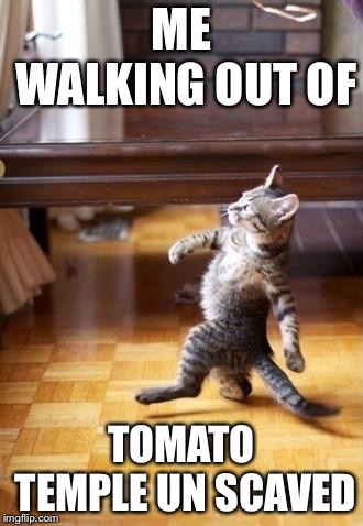 Cool Cat Stroll | ME WALKING OUT OF; TOMATO TEMPLE UN SCAVED | image tagged in memes,cool cat stroll | made w/ Imgflip meme maker