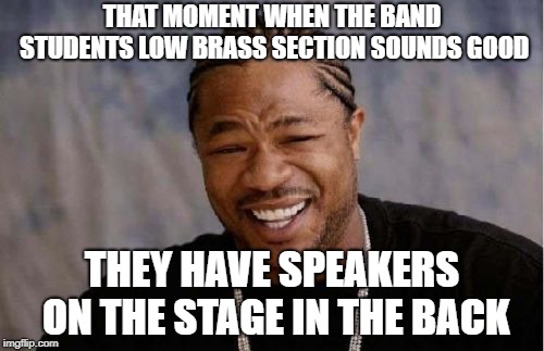 Yo Dawg Heard You Meme | THAT MOMENT WHEN THE BAND STUDENTS LOW BRASS SECTION SOUNDS GOOD; THEY HAVE SPEAKERS ON THE STAGE IN THE BACK | image tagged in memes,yo dawg heard you | made w/ Imgflip meme maker