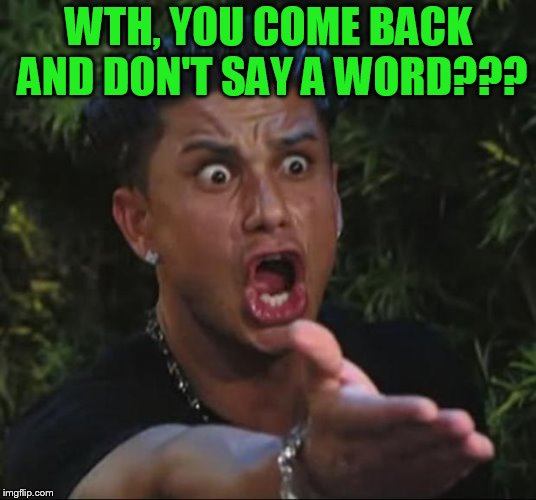DJ Pauly D Meme | WTH, YOU COME BACK AND DON'T SAY A WORD??? | image tagged in memes,dj pauly d | made w/ Imgflip meme maker