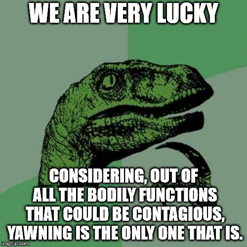 Think of the possibilities, and the ramifications. | WE ARE VERY LUCKY; CONSIDERING, OUT OF ALL THE BODILY FUNCTIONS THAT COULD BE CONTAGIOUS, YAWNING IS THE ONLY ONE THAT IS. | image tagged in memes,philosoraptor | made w/ Imgflip meme maker