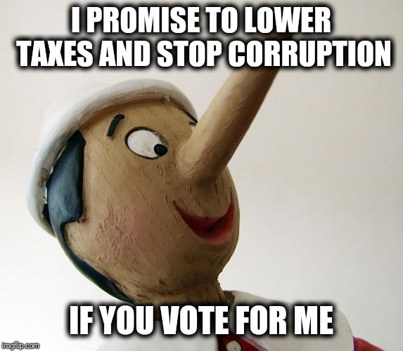 You believe me, right? | I PROMISE TO LOWER TAXES AND STOP CORRUPTION; IF YOU VOTE FOR ME | image tagged in pinnochio | made w/ Imgflip meme maker