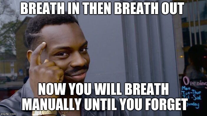 Roll Safe Think About It | BREATH IN THEN BREATH OUT; NOW YOU WILL BREATH MANUALLY UNTIL YOU FORGET | image tagged in memes,roll safe think about it | made w/ Imgflip meme maker