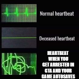 heartbeat rate | HEARTBEAT WHEN YOU GET ARRESTED IN GTA AND YOUR GAME AUTOSAVES | image tagged in heartbeat rate | made w/ Imgflip meme maker