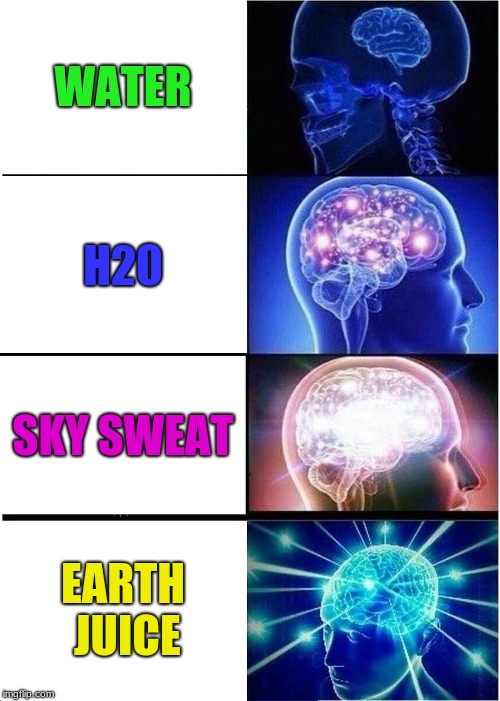 Expanding Brain Meme | WATER; H20; SKY SWEAT; EARTH JUICE | image tagged in memes,expanding brain | made w/ Imgflip meme maker