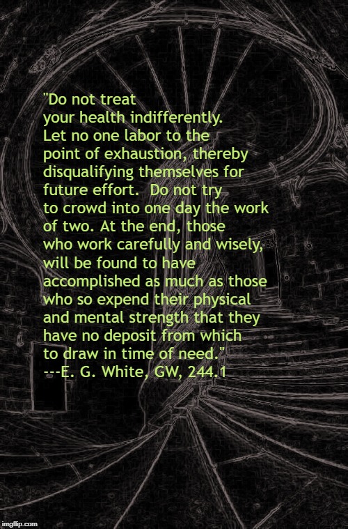 "Do not treat your health indifferently.  
Let no one labor to the point of exhaustion, thereby disqualifying themselves for future effort.  Do not try to crowd into one day the work of two. At the end, those who work carefully and wisely, will be found to have accomplished as much as those who so expend their physical and mental strength that they have no deposit from which to draw in time of need."  











          ---E. G. White, GW, 244.1 | made w/ Imgflip meme maker