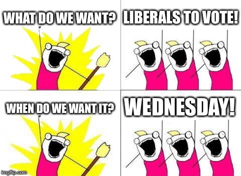 Remember voting for Democrats starts tomorrow at 6:30 AM! | WHAT DO WE WANT? LIBERALS TO VOTE! WEDNESDAY! WHEN DO WE WANT IT? | image tagged in memes,what do we want,election 2018,political meme,funny memes | made w/ Imgflip meme maker