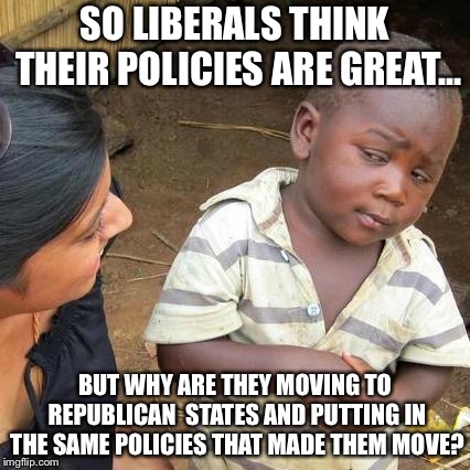 Third World Skeptical Kid Meme | SO LIBERALS THINK THEIR POLICIES ARE GREAT... BUT WHY ARE THEY MOVING TO REPUBLICAN  STATES AND PUTTING IN THE SAME POLICIES THAT MADE THEM MOVE? | image tagged in memes,third world skeptical kid | made w/ Imgflip meme maker