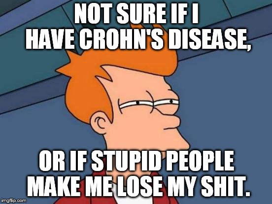 Futurama Fry | NOT SURE IF I HAVE CROHN'S DISEASE, OR IF STUPID PEOPLE MAKE ME LOSE MY SHIT. | image tagged in memes,futurama fry | made w/ Imgflip meme maker