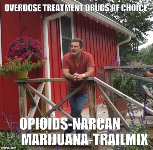 Pondering |  OVERDOSE TREATMENT DRUGS OF CHOICE; OPIOIDS-NARCAN           
MARIJUANA-TRAILMIX | image tagged in pondering | made w/ Imgflip meme maker