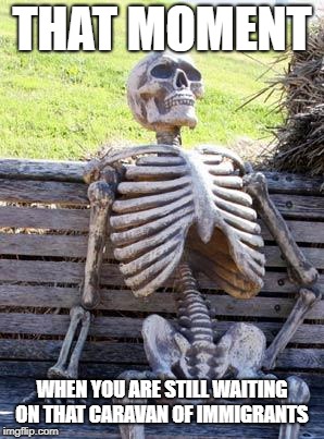 Waiting Skeleton | THAT MOMENT; WHEN YOU ARE STILL WAITING ON THAT CARAVAN OF IMMIGRANTS | image tagged in memes,waiting skeleton | made w/ Imgflip meme maker