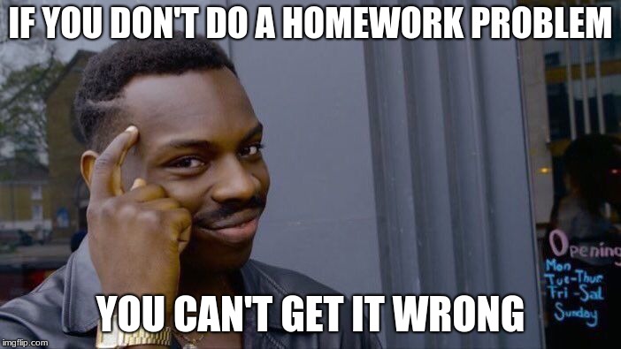 Roll Safe Think About It Meme | IF YOU DON'T DO A HOMEWORK PROBLEM; YOU CAN'T GET IT WRONG | image tagged in memes,roll safe think about it | made w/ Imgflip meme maker