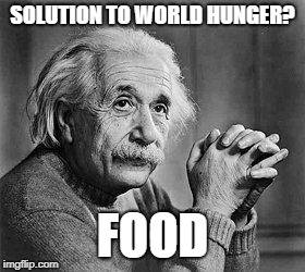 Wow what a genius | SOLUTION TO WORLD HUNGER? FOOD | image tagged in albert einstein,world hunger,genius,dank memes,food,solution | made w/ Imgflip meme maker