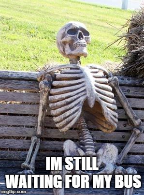 Waiting Skeleton | IM STILL WAITING FOR MY BUS | image tagged in memes,waiting skeleton | made w/ Imgflip meme maker