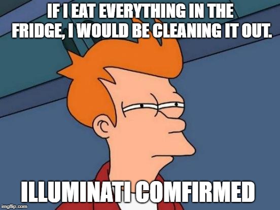 Futurama Fry Meme | IF I EAT EVERYTHING IN THE FRIDGE, I WOULD BE CLEANING IT OUT. ILLUMINATI COMFIRMED | image tagged in memes,futurama fry | made w/ Imgflip meme maker