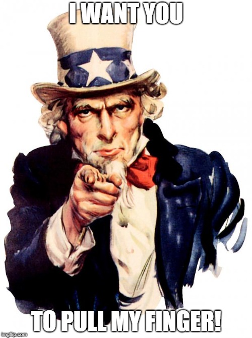 Well, he said it. | I WANT YOU; TO PULL MY FINGER! | image tagged in memes,uncle sam,funny,funny memes | made w/ Imgflip meme maker