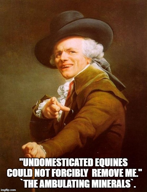 Joseph Ducreux Meme | "UNDOMESTICATED EQUINES COULD NOT FORCIBLY 
REMOVE ME."     `THE AMBULATING MINERALS`. | image tagged in memes,joseph ducreux | made w/ Imgflip meme maker