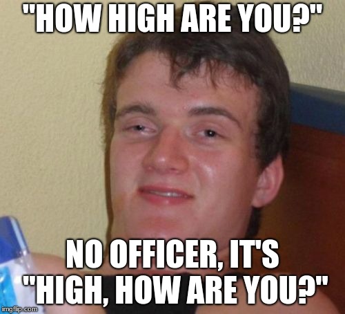 10 Guy | "HOW HIGH ARE YOU?"; NO OFFICER, IT'S "HIGH, HOW ARE YOU?" | image tagged in memes,10 guy | made w/ Imgflip meme maker