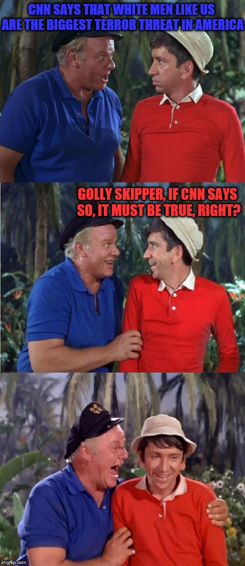 Just sit right back and you'll hear a lie | CNN SAYS THAT WHITE MEN LIKE US ARE THE BIGGEST TERROR THREAT IN AMERICA; GOLLY SKIPPER, IF CNN SAYS SO, IT MUST BE TRUE, RIGHT? | image tagged in gilligan bad pun,memes,cnn,racism | made w/ Imgflip meme maker