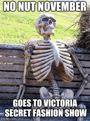 Waiting Skeleton | NO NUT NOVEMBER; GOES TO VICTORIA SECRET FASHION SHOW | image tagged in memes,waiting skeleton,no nut november,victoriasecret,fashion | made w/ Imgflip meme maker