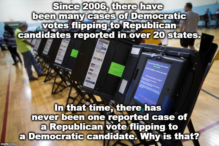 Yeah, funny thing about that. | Since 2006, there have been many cases of Democratic votes flipping to Republican candidates reported in over 20 states. In that time, there has never been one reported case of a Republican vote flipping to a Democratic candidate. Why is that? | image tagged in republican,democrat,voting machine,fraud | made w/ Imgflip meme maker