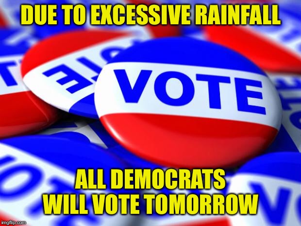 Vote | DUE TO EXCESSIVE RAINFALL; ALL DEMOCRATS WILL
VOTE TOMORROW | image tagged in vote | made w/ Imgflip meme maker