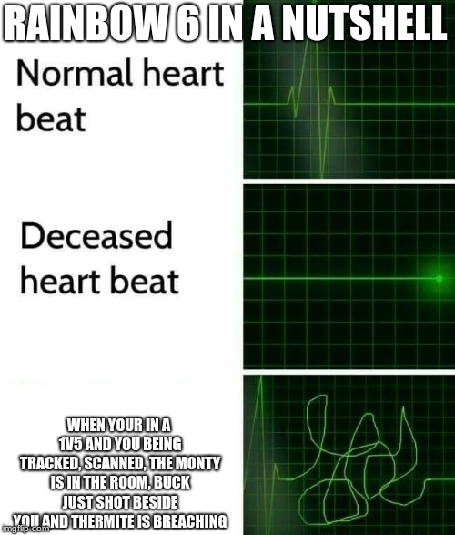 Heart Beat | RAINBOW 6 IN A NUTSHELL; WHEN YOUR IN A 1V5 AND YOU BEING TRACKED, SCANNED, THE MONTY IS IN THE ROOM, BUCK JUST SHOT BESIDE YOU AND THERMITE IS BREACHING | image tagged in heart beat | made w/ Imgflip meme maker