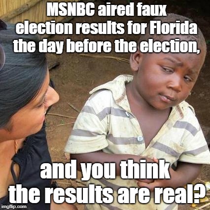 Dems are delusional enough to think it was just practice.  | MSNBC aired faux election results for Florida the day before the election, and you think the results are real? | image tagged in memes,third world skeptical kid,election fraud | made w/ Imgflip meme maker