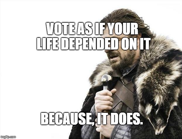 Brace Yourselves X is Coming | VOTE AS IF YOUR LIFE DEPENDED ON IT; BECAUSE, IT DOES. | image tagged in memes,brace yourselves x is coming | made w/ Imgflip meme maker