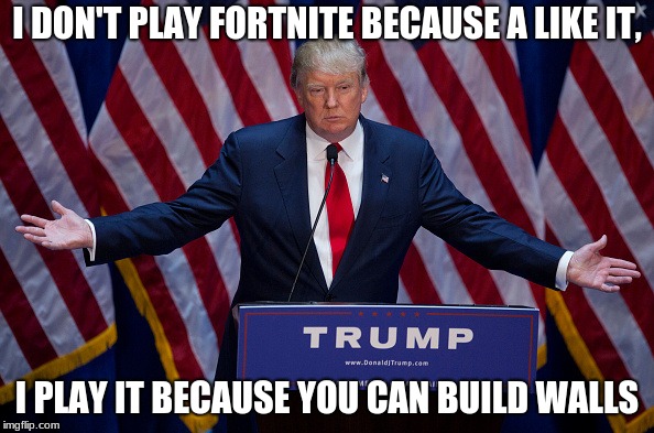 Donald Trump | I DON'T PLAY FORTNITE BECAUSE A LIKE IT, I PLAY IT BECAUSE YOU CAN BUILD WALLS | image tagged in donald trump | made w/ Imgflip meme maker