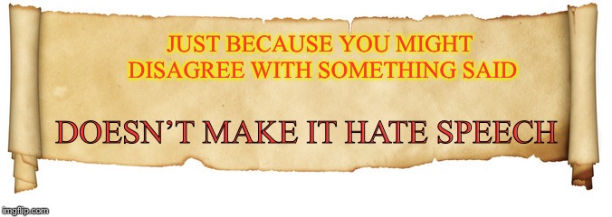 Banner | JUST BECAUSE YOU MIGHT DISAGREE WITH SOMETHING SAID; DOESN’T MAKE IT HATE SPEECH | image tagged in banner | made w/ Imgflip meme maker