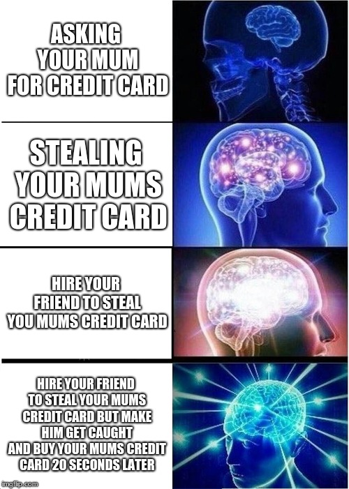 Expanding Brain Meme | ASKING YOUR MUM FOR CREDIT CARD; STEALING YOUR MUMS CREDIT CARD; HIRE YOUR FRIEND TO STEAL YOU MUMS CREDIT CARD; HIRE YOUR FRIEND TO STEAL YOUR MUMS CREDIT CARD BUT MAKE HIM GET CAUGHT AND BUY YOUR MUMS CREDIT CARD 20 SECONDS LATER | image tagged in memes,expanding brain | made w/ Imgflip meme maker