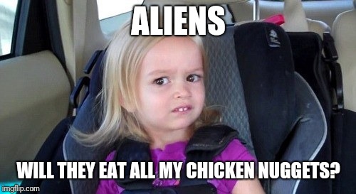 grossed out kid | ALIENS WILL THEY EAT ALL MY CHICKEN NUGGETS? | image tagged in grossed out kid | made w/ Imgflip meme maker