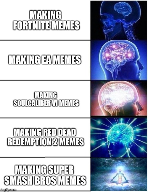 Expanding Brain 5 Panel | MAKING FORTNITE MEMES; MAKING EA MEMES; MAKING SOULCALIBER VI MEMES; MAKING RED DEAD REDEMPTION 2 MEMES; MAKING SUPER SMASH BROS MEMES | image tagged in expanding brain 5 panel,video games,videogames,video game,fortnite,oh wow are you actually reading these tags | made w/ Imgflip meme maker